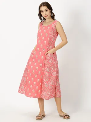 Coral Floral Print Panelled Midi Dress