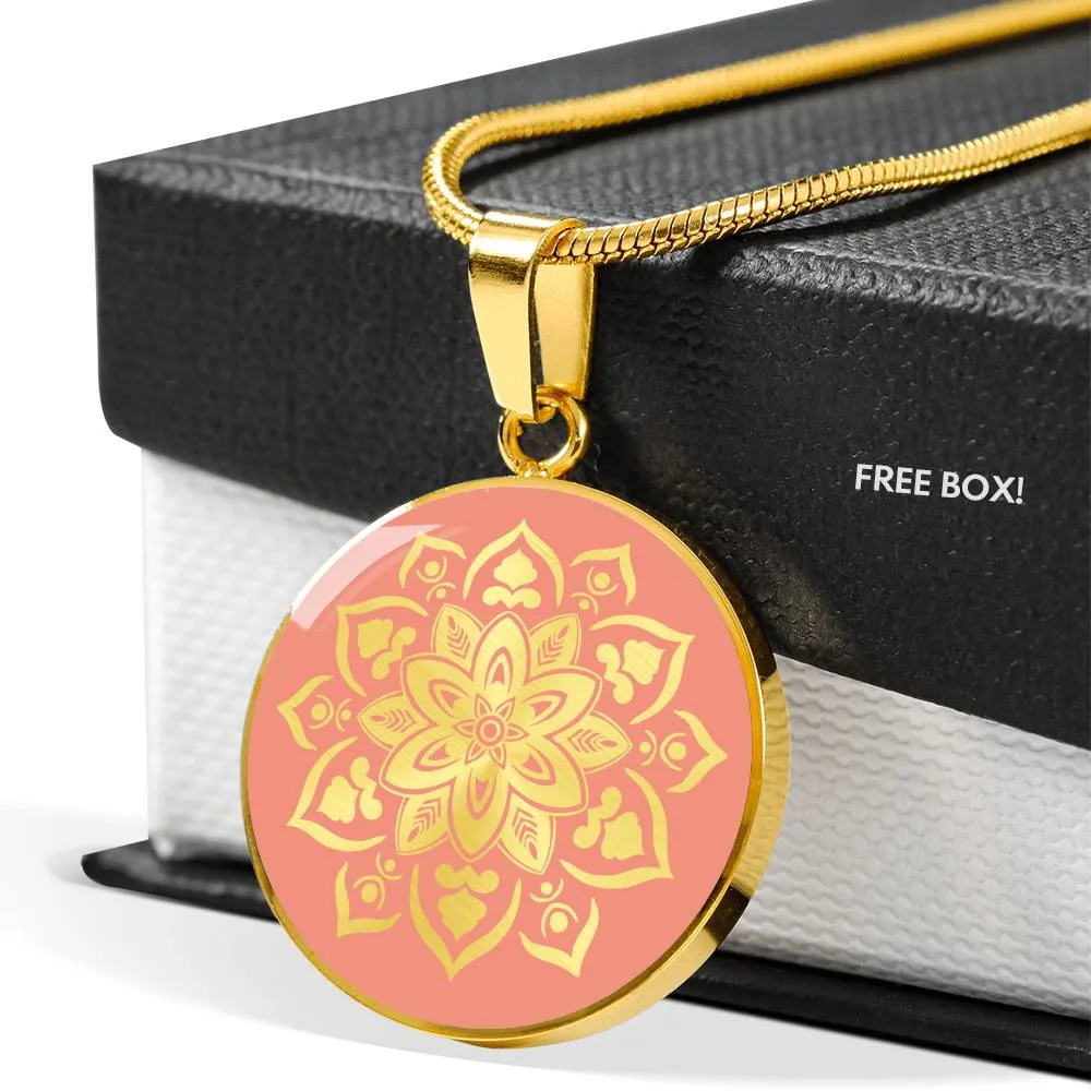 Coral Mandala Round Circle Pendant Necklace Gift Set In Stainless Steel or 18K Gold