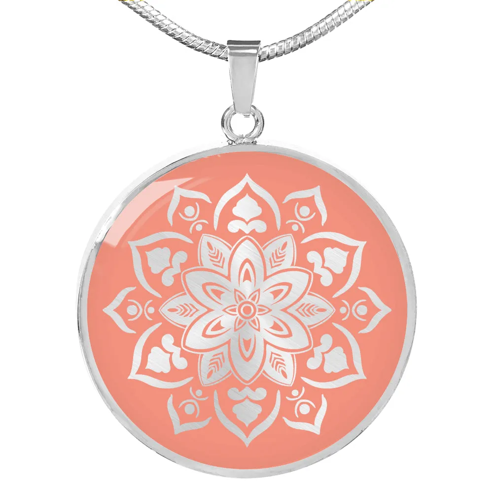 Coral Mandala Round Circle Pendant Necklace Gift Set In Stainless Steel or 18K Gold