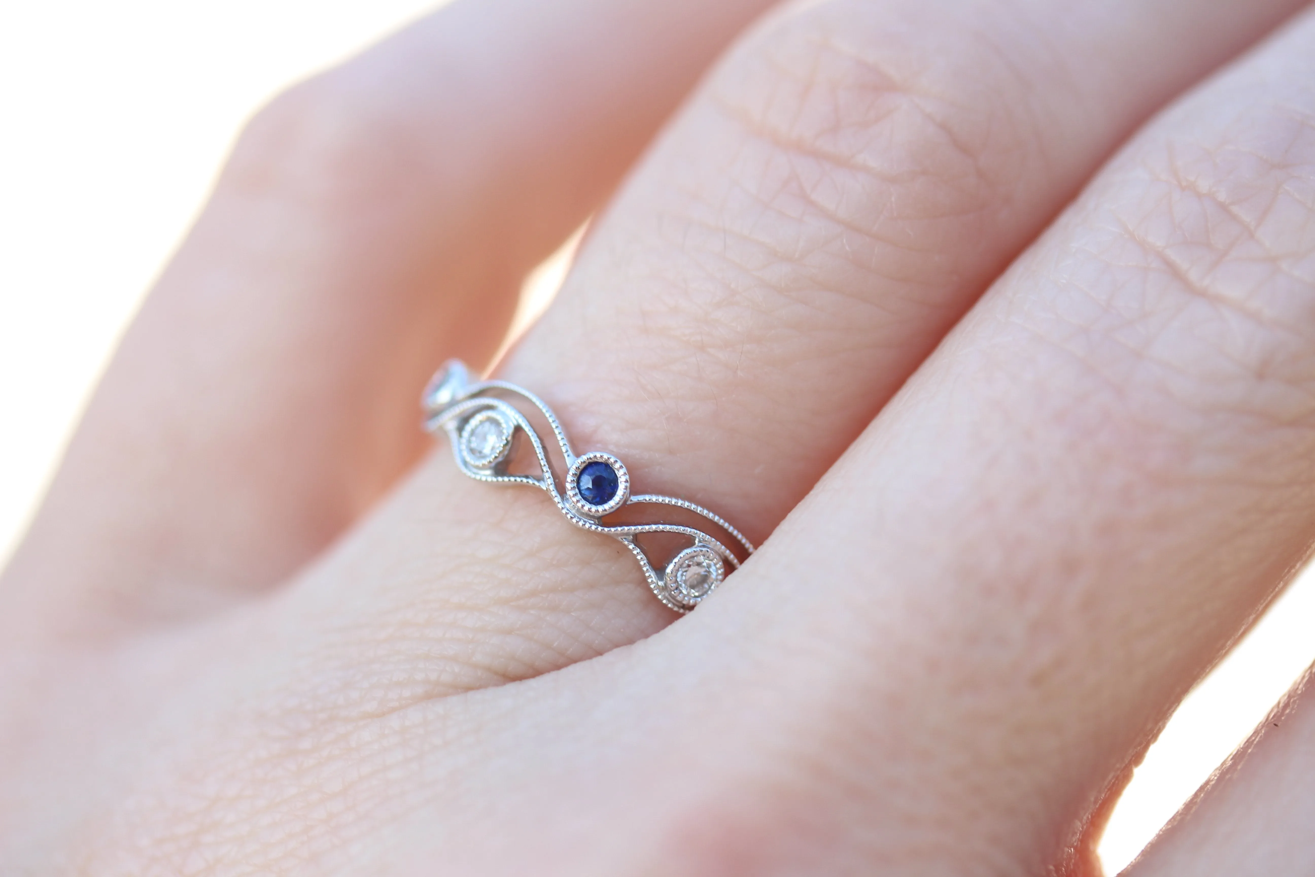 Diamondaire Round Blue Sapphire & Diamond Stackable Ring