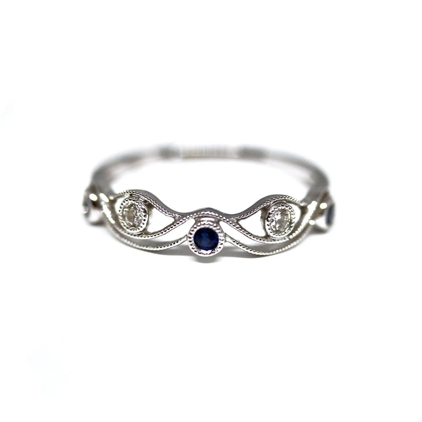 Diamondaire Round Blue Sapphire & Diamond Stackable Ring