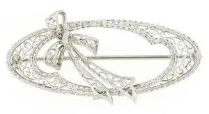 Edwardian Oval Shaped Heirloom Filigree Bow Brooch in 14 Karat White Gold