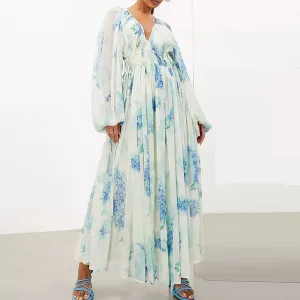 Elegant Floral Print Pattern V-Neck Long Dress New Fashion Drawstring Elastic Waist Chiffon Dress Casual Long Sleeve Pleated Dress