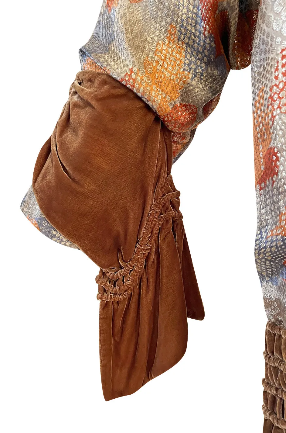 Fabulous 1920s Coral Silk Metallic Gold Lame Flapper Coat w Velvet Detailing