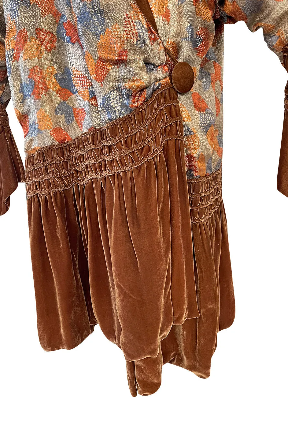 Fabulous 1920s Coral Silk Metallic Gold Lame Flapper Coat w Velvet Detailing