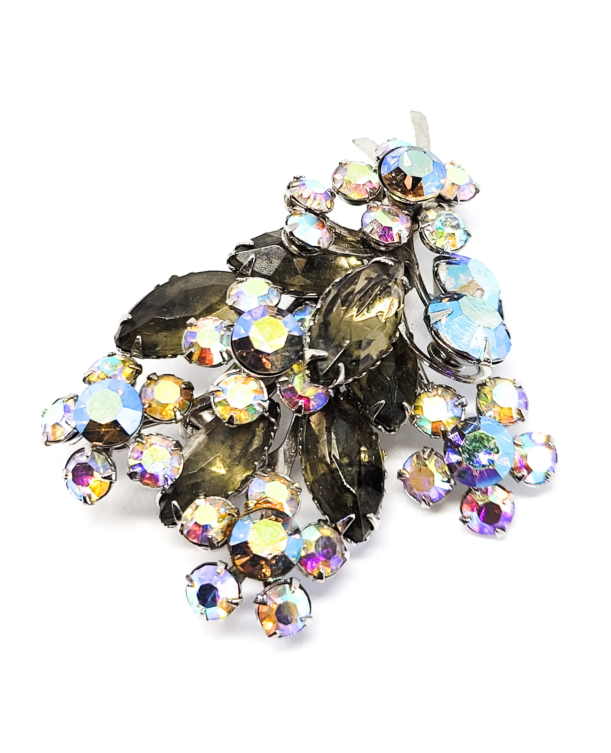 Flower bouquet aurora borealis and smokey rhinestone vintage brooch pin