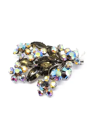 Flower bouquet aurora borealis and smokey rhinestone vintage brooch pin