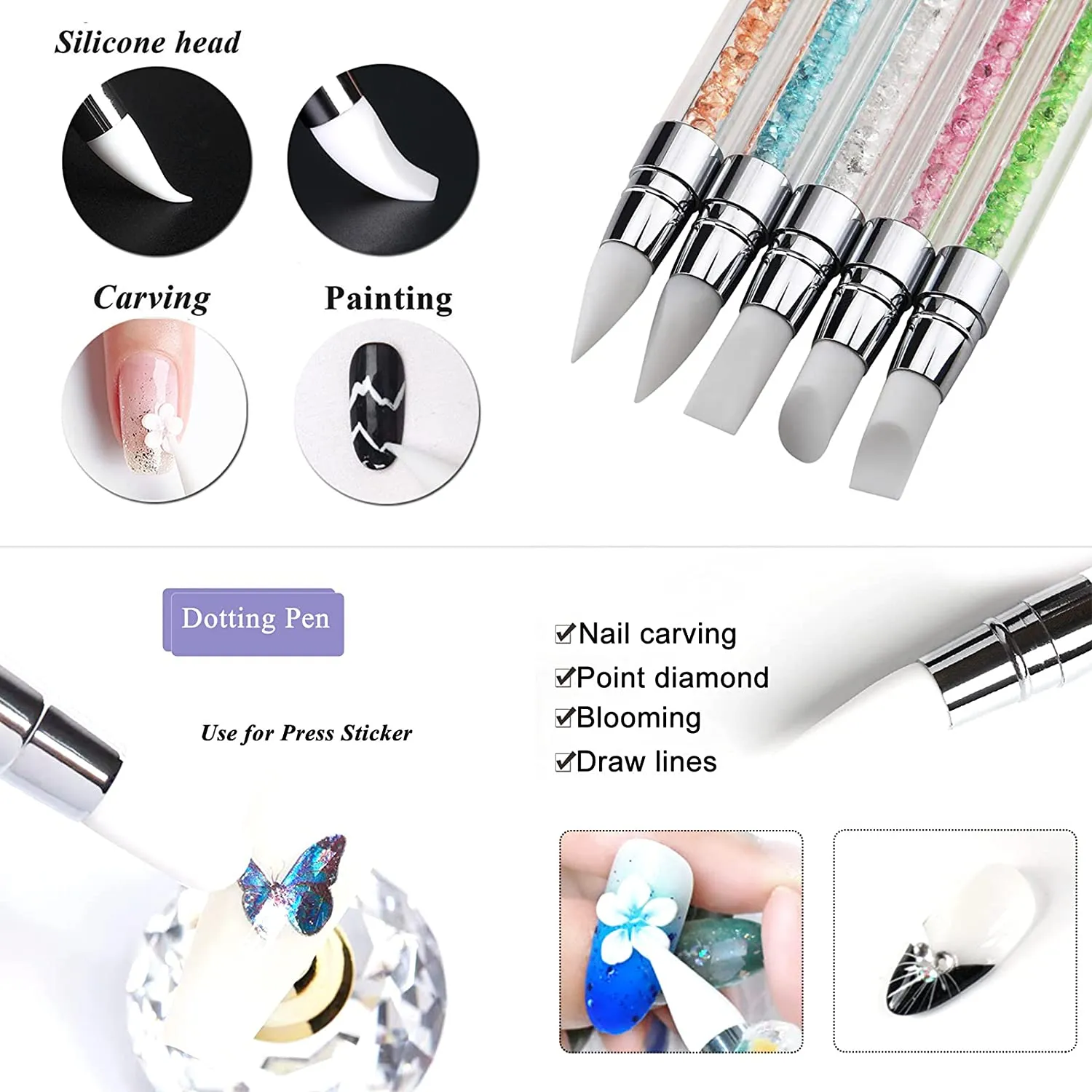 Fofosbeauty 5 Pcs Dual Tipped Silicone Nail Tools