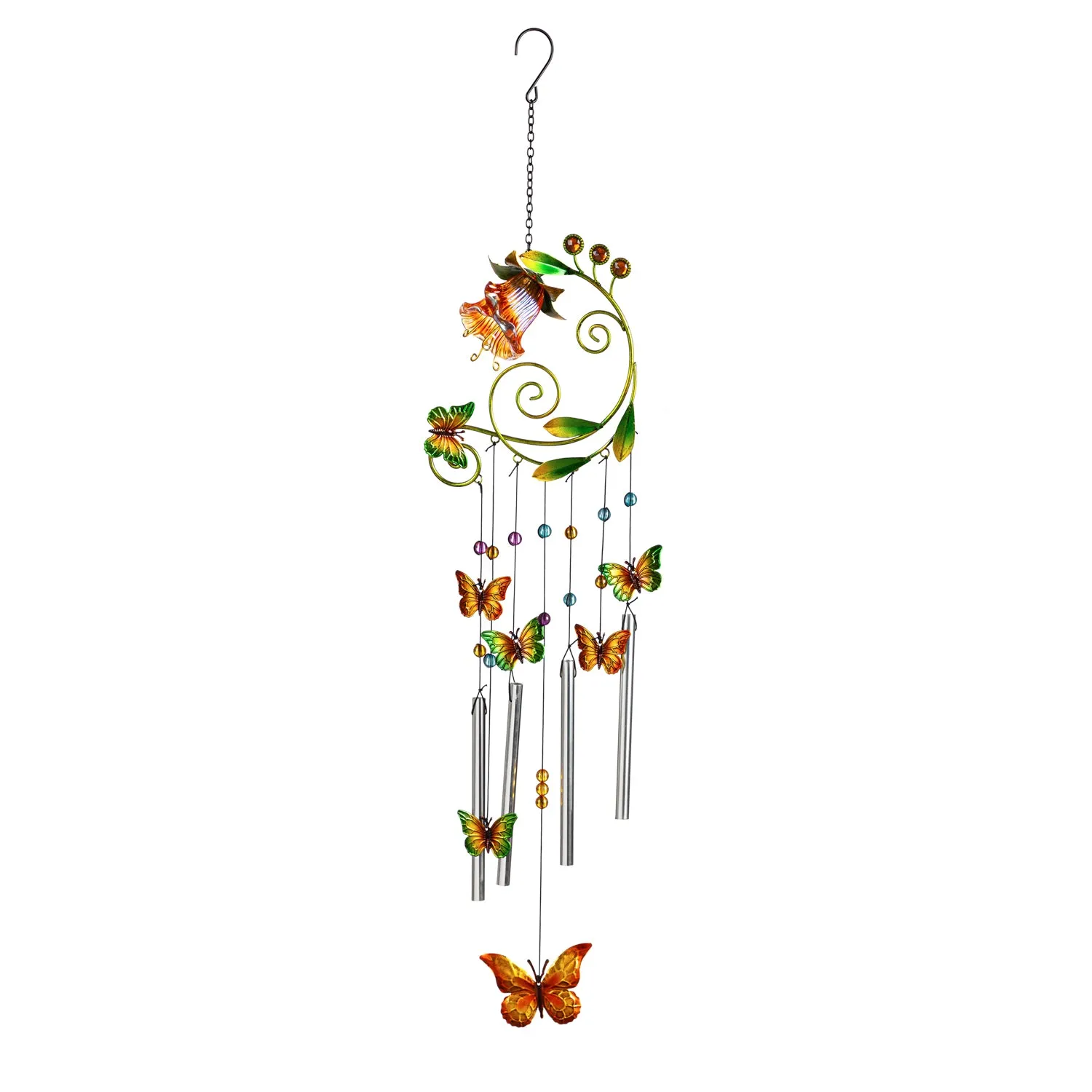 Glass and Metal Flower with Butterflies Windchime,2wc1991