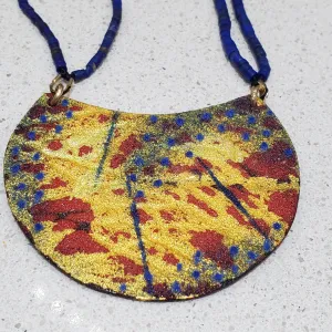 Gold, Red, Blue Enamel Pendant on Lapis Lazuli Beads; Red and Blue enamel, Gold foil Pendant, Ancient Looking Pendant