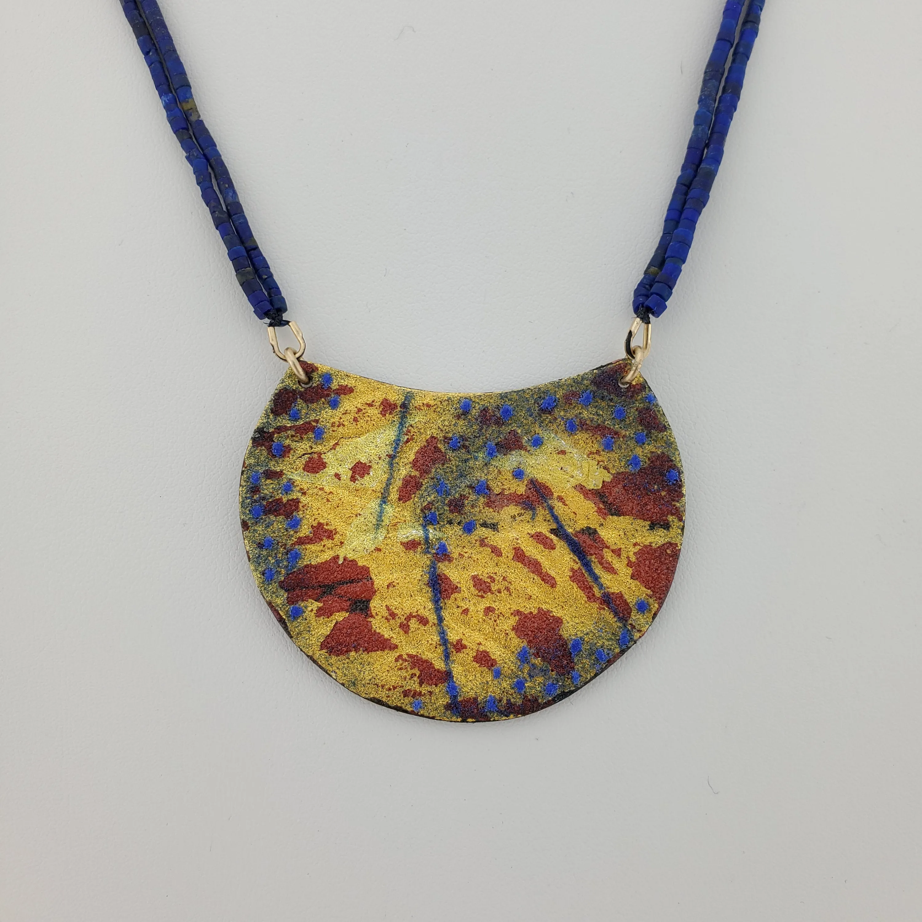 Gold, Red, Blue Enamel Pendant on Lapis Lazuli Beads; Red and Blue enamel, Gold foil Pendant, Ancient Looking Pendant