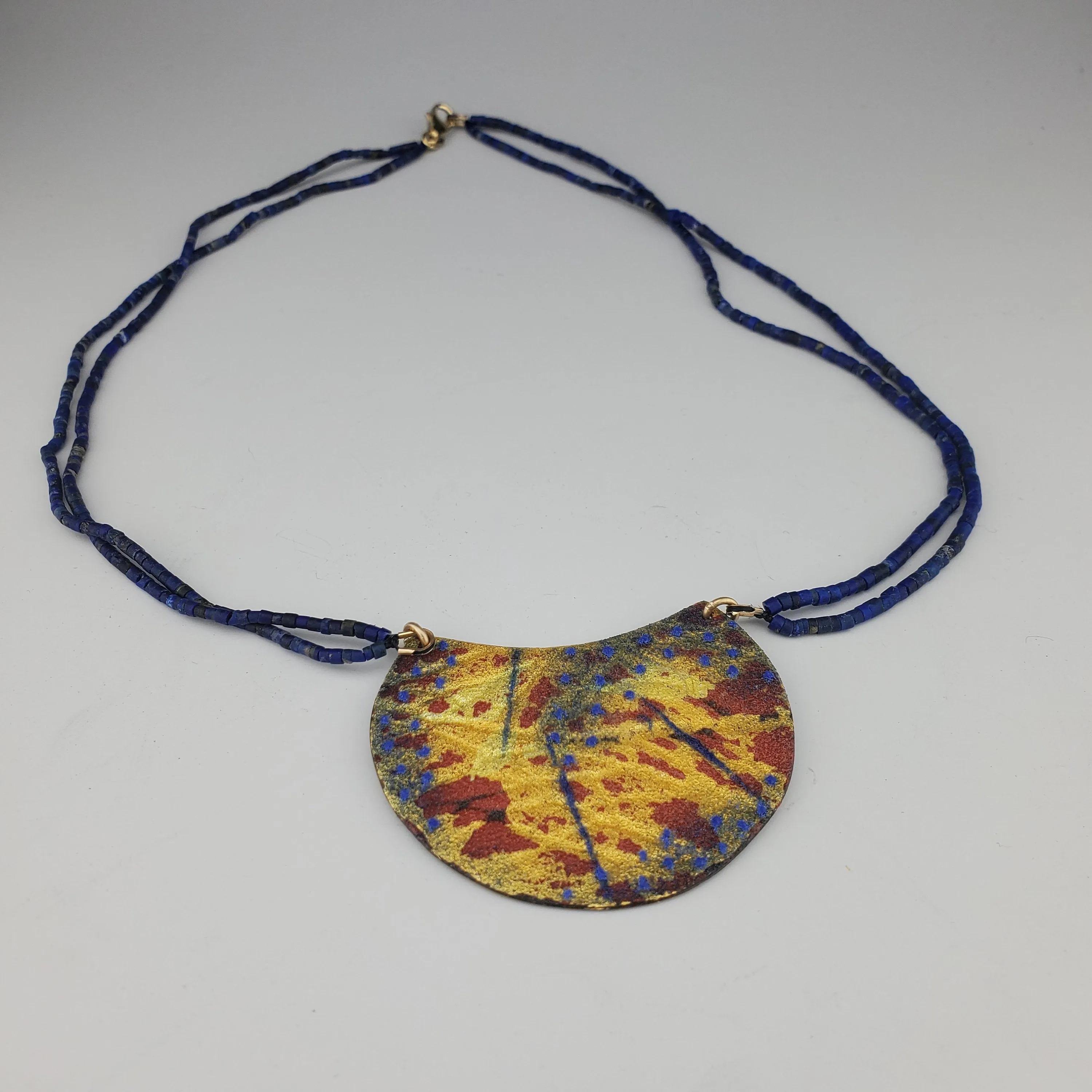 Gold, Red, Blue Enamel Pendant on Lapis Lazuli Beads; Red and Blue enamel, Gold foil Pendant, Ancient Looking Pendant