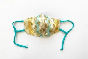 Gold Spheres on Blue, Mustard, Cream Stripes Face Mask with Straw Hole