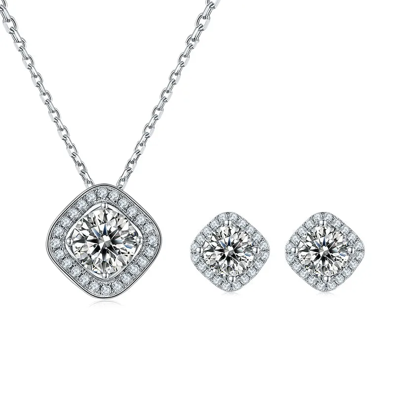 Halo Round 2ctw. Moissanite Stud Earrings and 2ct Moissanite Pendant Necklace Jewelry Sets