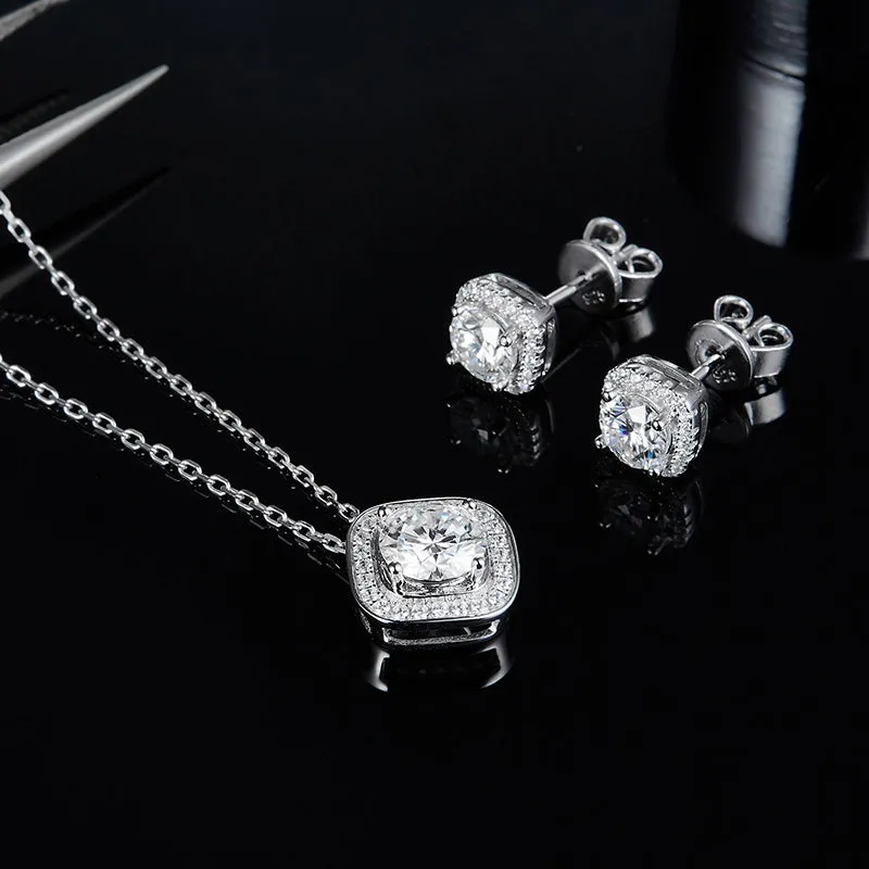 Halo Round 2ctw. Moissanite Stud Earrings and 2ct Moissanite Pendant Necklace Jewelry Sets