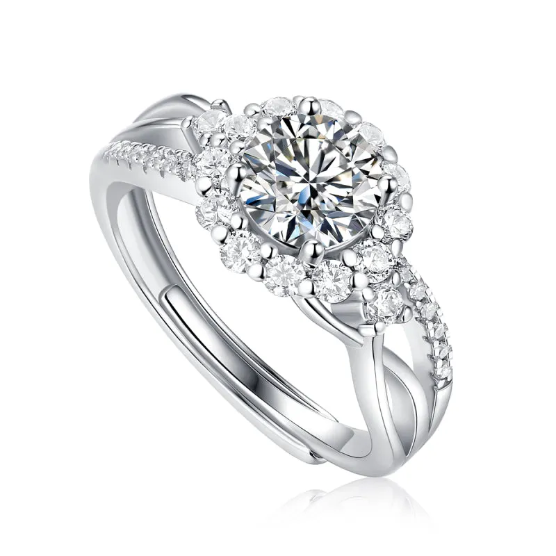 Halo Round Brilliant Cut Moissanite Diamond Ring with Adjustable Size