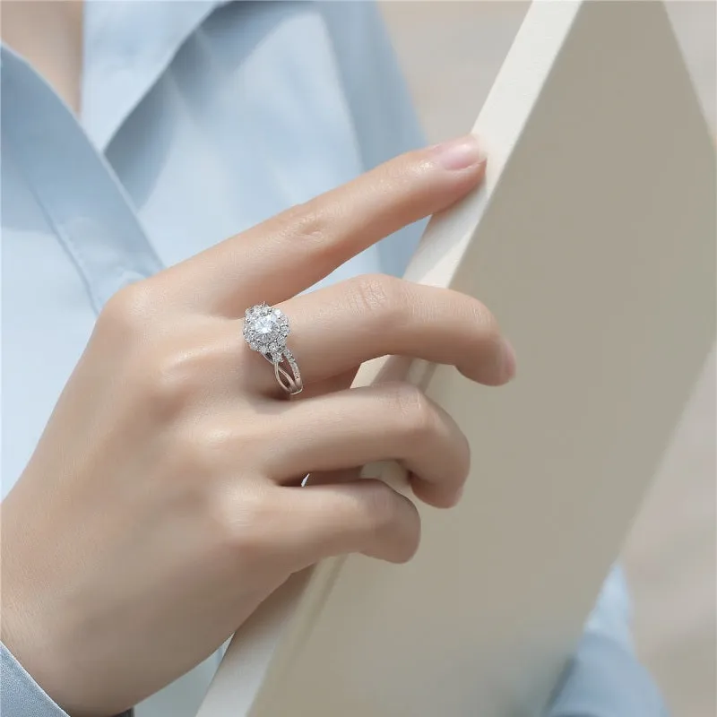Halo Round Brilliant Cut Moissanite Diamond Ring with Adjustable Size