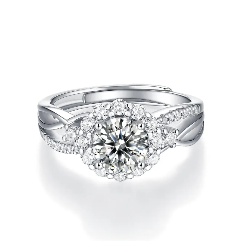 Halo Round Brilliant Cut Moissanite Diamond Ring with Adjustable Size