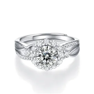 Halo Round Brilliant Cut Moissanite Diamond Ring with Adjustable Size