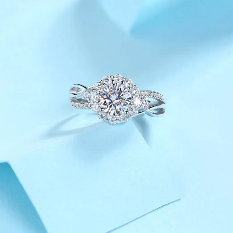 Halo Round Brilliant Cut Moissanite Diamond Ring with Adjustable Size