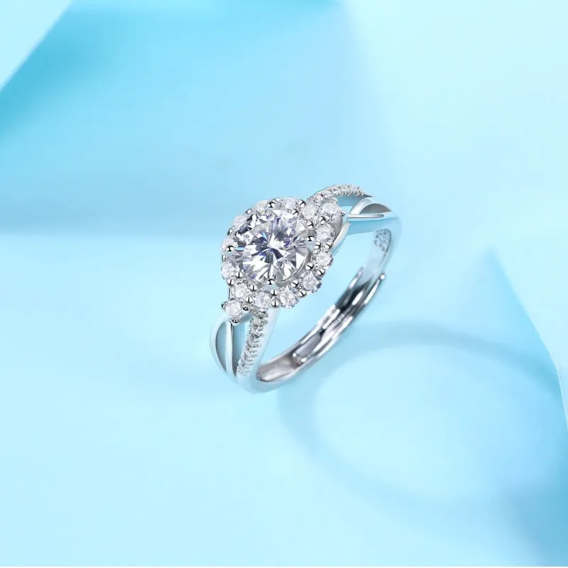 Halo Round Brilliant Cut Moissanite Diamond Ring with Adjustable Size