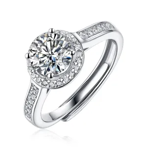 Halo Round Brilliant Moissanite Diamond Ring with Adjustable Size
