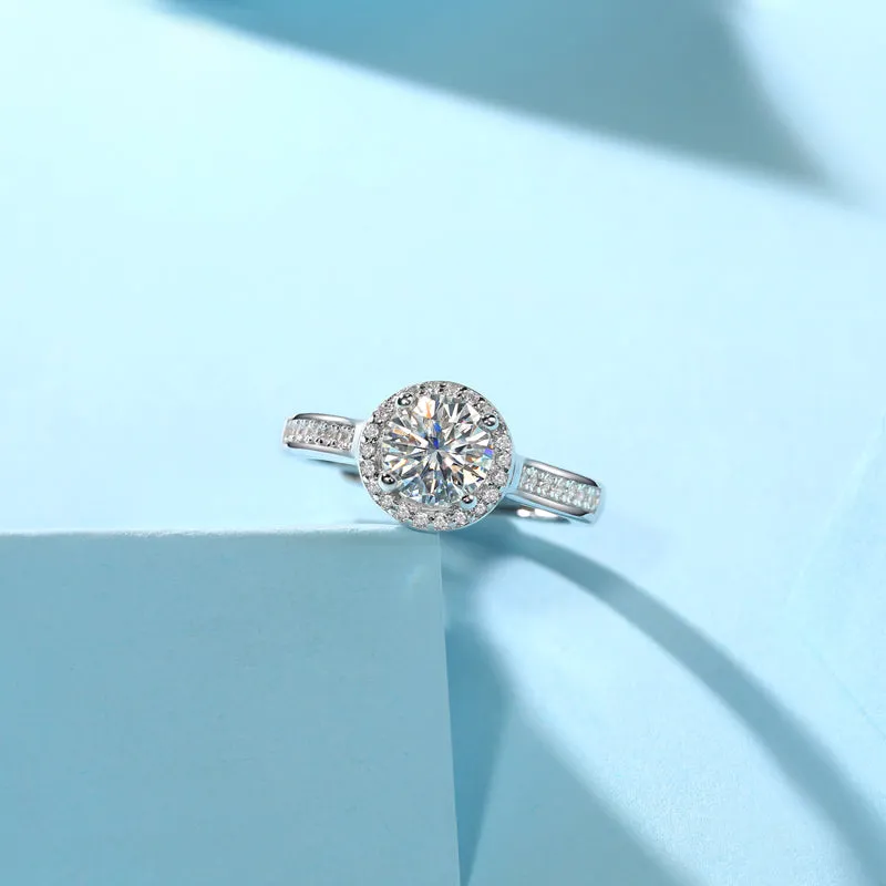 Halo Round Brilliant Moissanite Diamond Ring with Adjustable Size