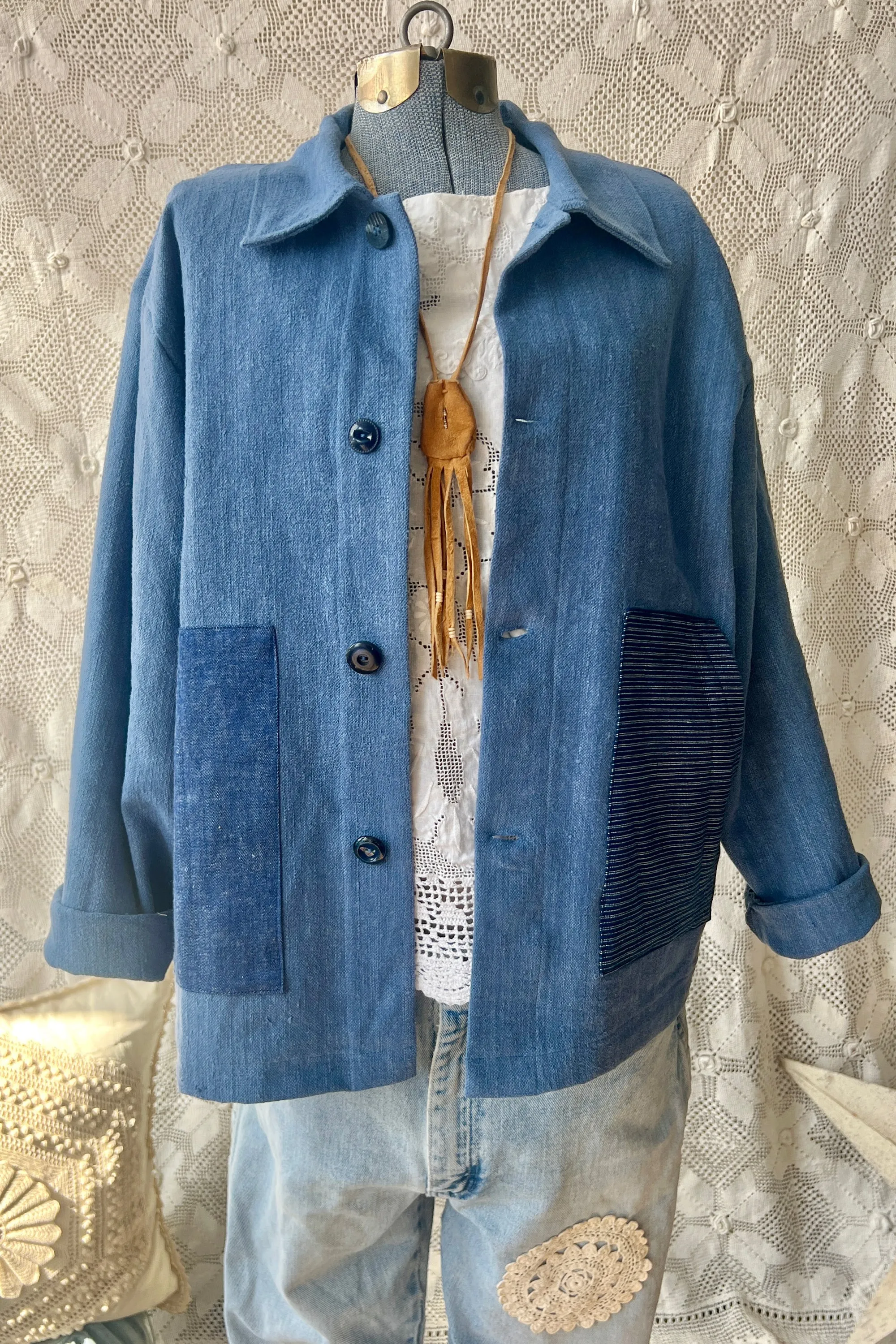 HF184 The Highlands Foundry Indigo Solid Grain Sack Utility Jacket