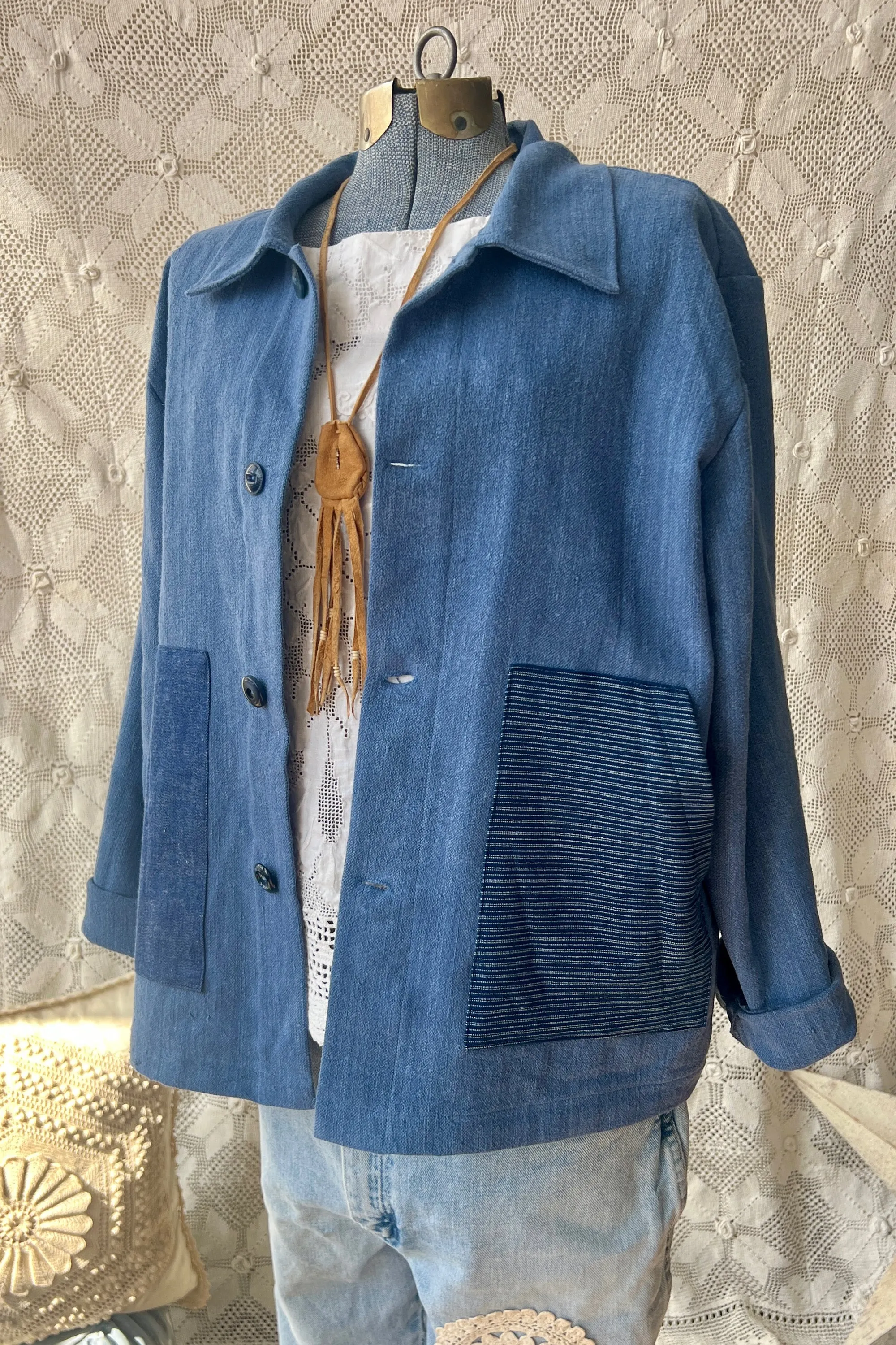 HF184 The Highlands Foundry Indigo Solid Grain Sack Utility Jacket
