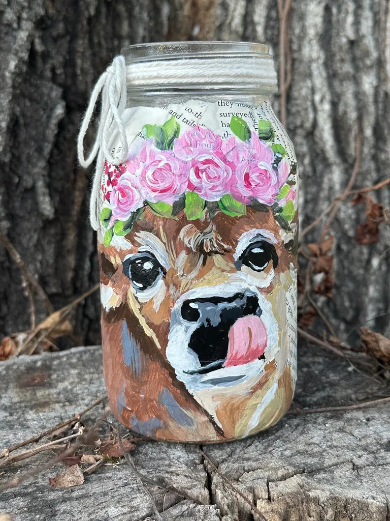 Jersey Calf painted on Vintage  quart Mason Jar FREE SHIPPING