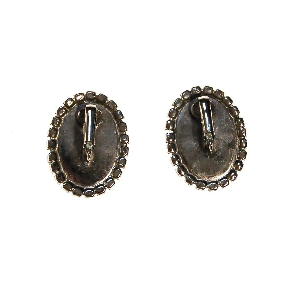 Jet Black and Rhinestone Clip On Earrings, Oval Shape, Designer Vintage Jewelry