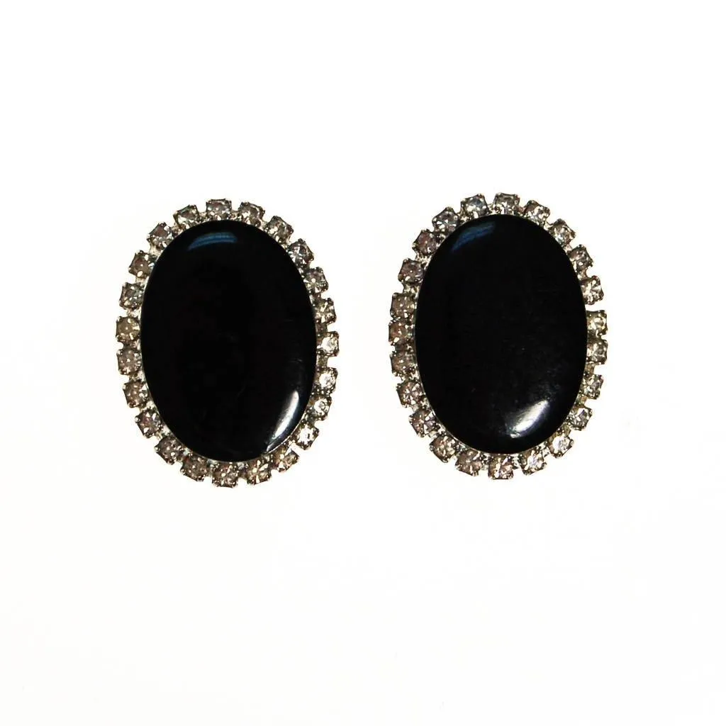 Jet Black and Rhinestone Clip On Earrings, Oval Shape, Designer Vintage Jewelry