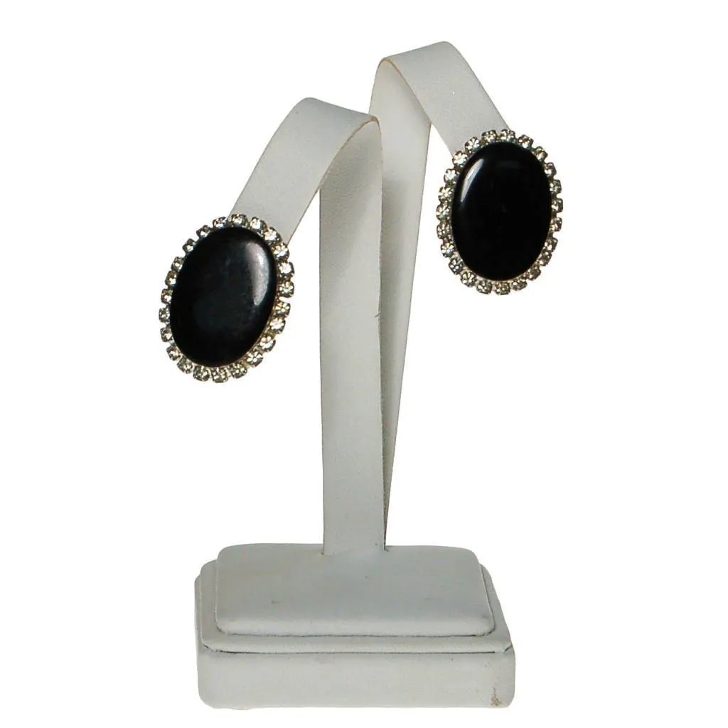 Jet Black and Rhinestone Clip On Earrings, Oval Shape, Designer Vintage Jewelry