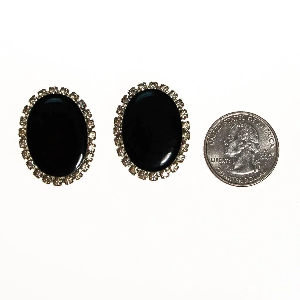 Jet Black and Rhinestone Clip On Earrings, Oval Shape, Designer Vintage Jewelry