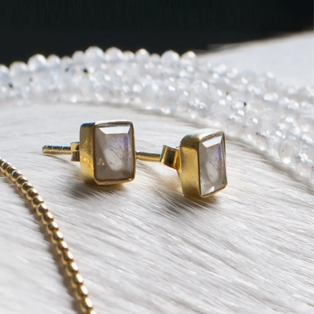 Keepsake - Facet Cut Moonstone and 14K Gold on Sterling Silver Stud Earring