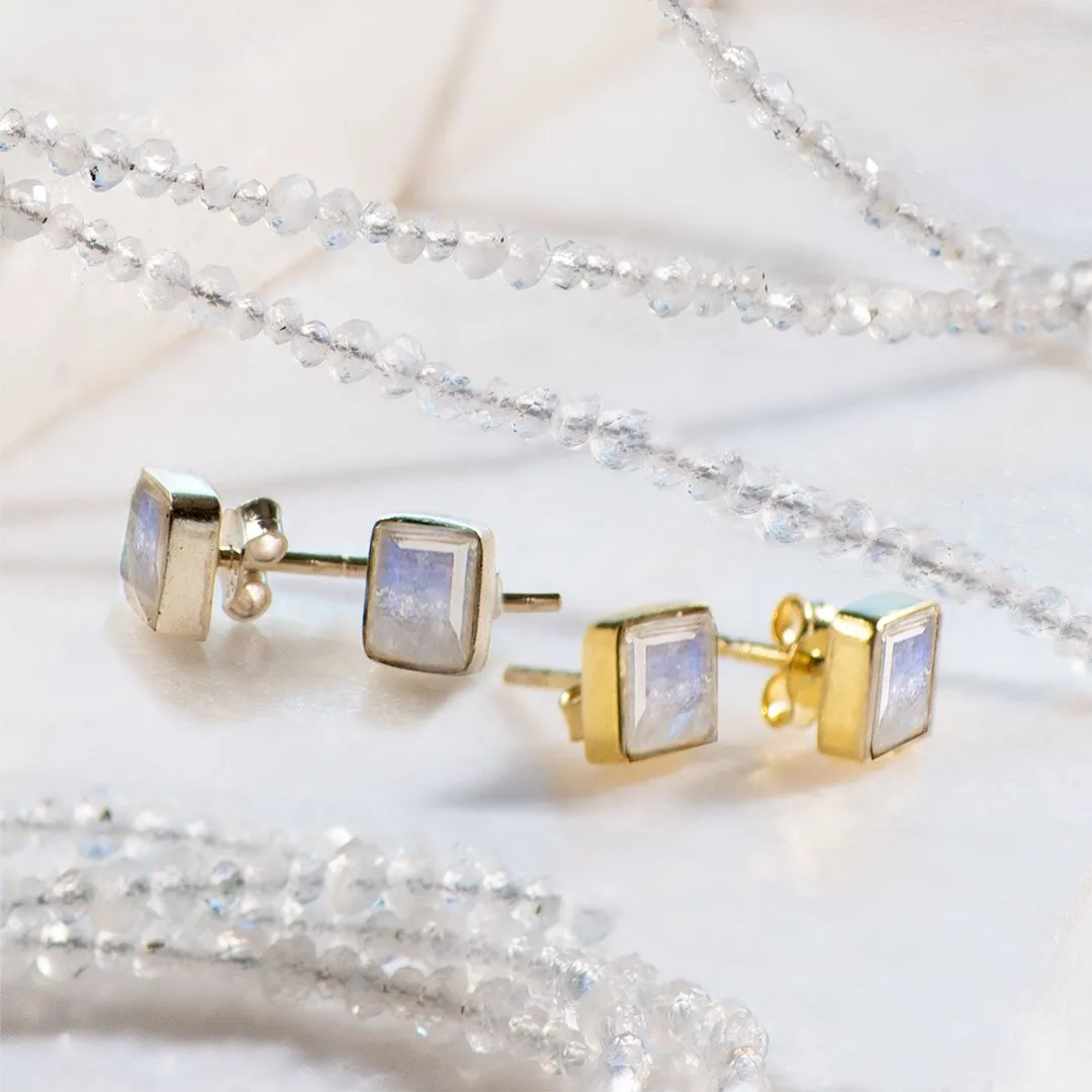 Keepsake - Facet Cut Moonstone and 14K Gold on Sterling Silver Stud Earring