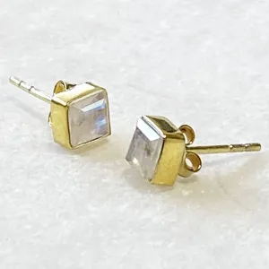 Keepsake - Facet Cut Moonstone and 14K Gold on Sterling Silver Stud Earring