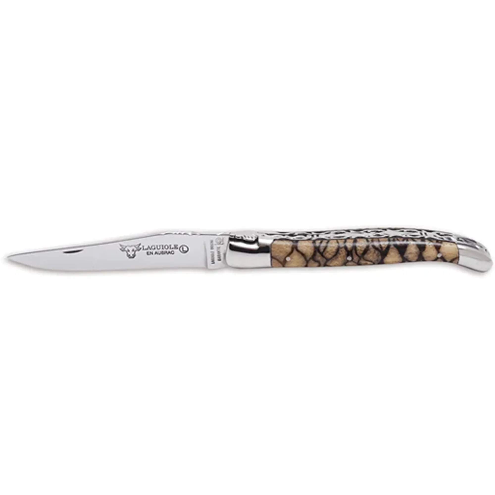 Laguiole en Aubrac Handcrafted Luxury Double Plates Multipurpose Knife with Striped Coral Tigre Handle,  4.75-inches