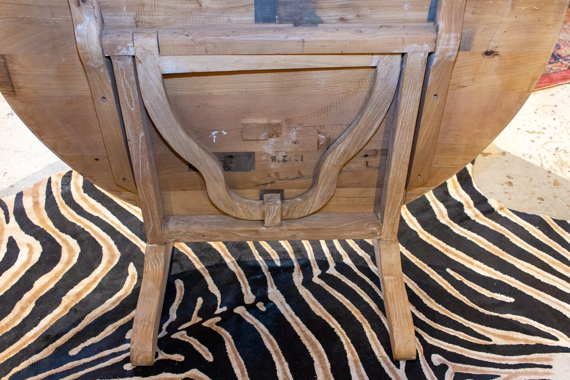 Large Vintage French Elm Vendage Tilt-Top Table with White Patina