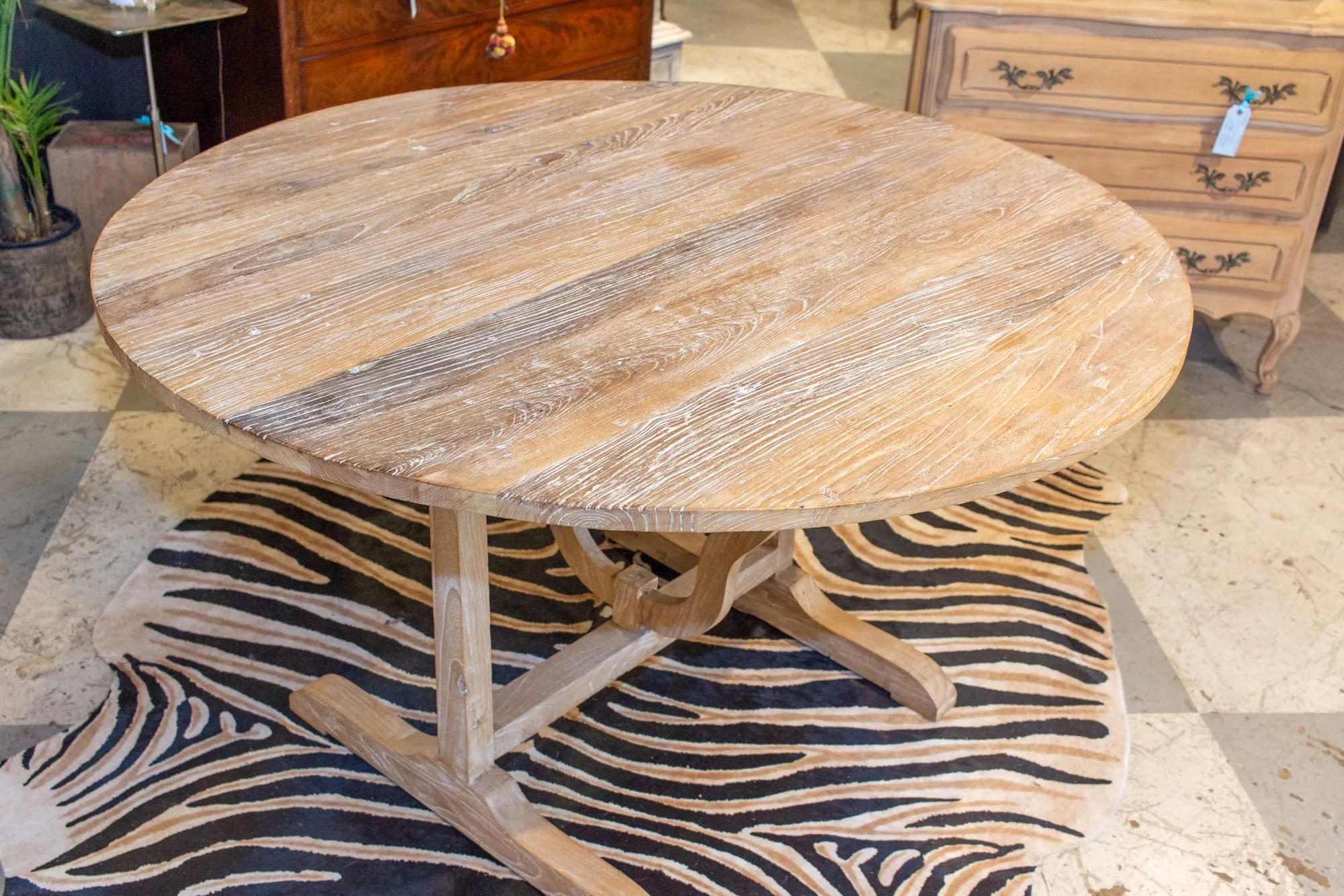 Large Vintage French Elm Vendage Tilt-Top Table with White Patina