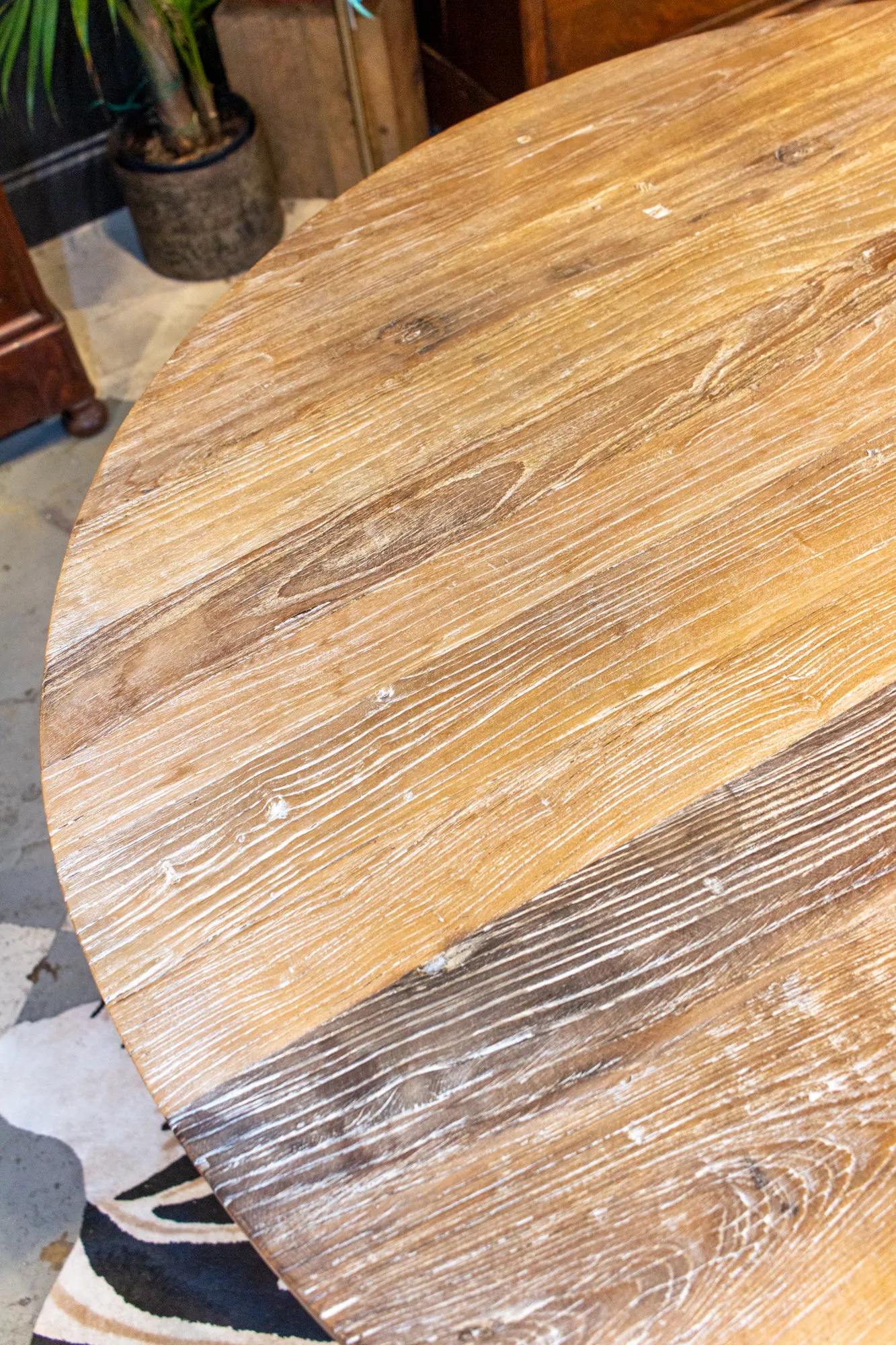 Large Vintage French Elm Vendage Tilt-Top Table with White Patina