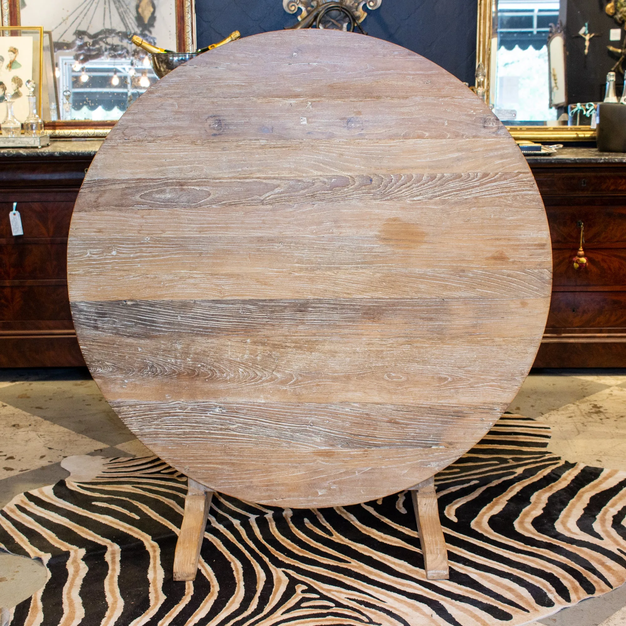 Large Vintage French Elm Vendage Tilt-Top Table with White Patina