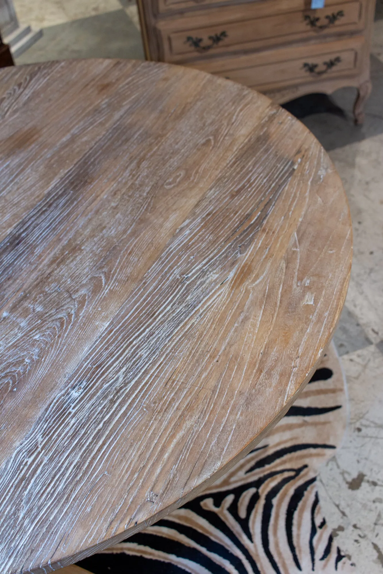 Large Vintage French Elm Vendage Tilt-Top Table with White Patina
