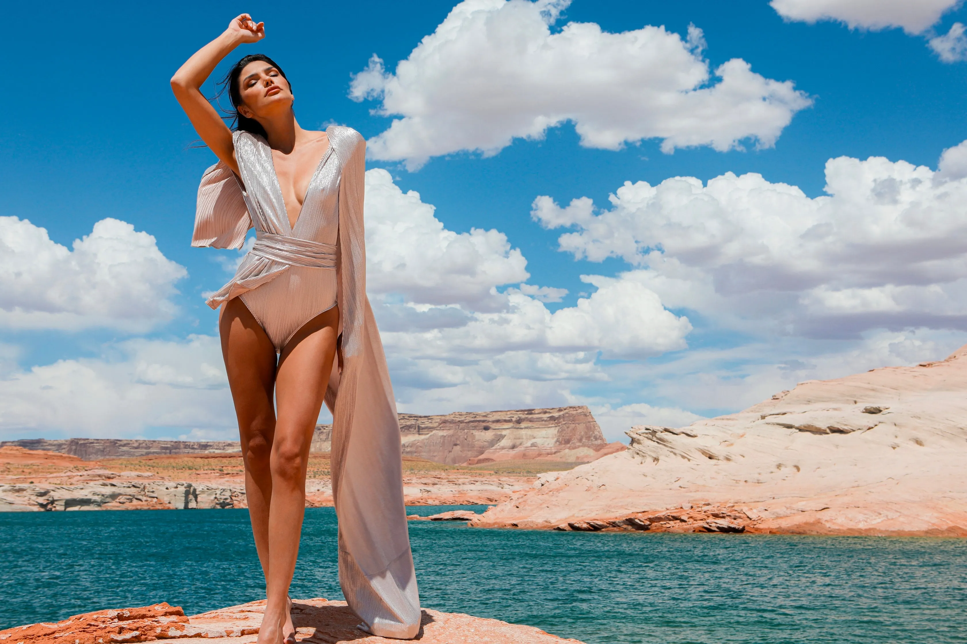 Lemuria 004  Bodysuit Silver Dress with Cape by Dani Watanabe