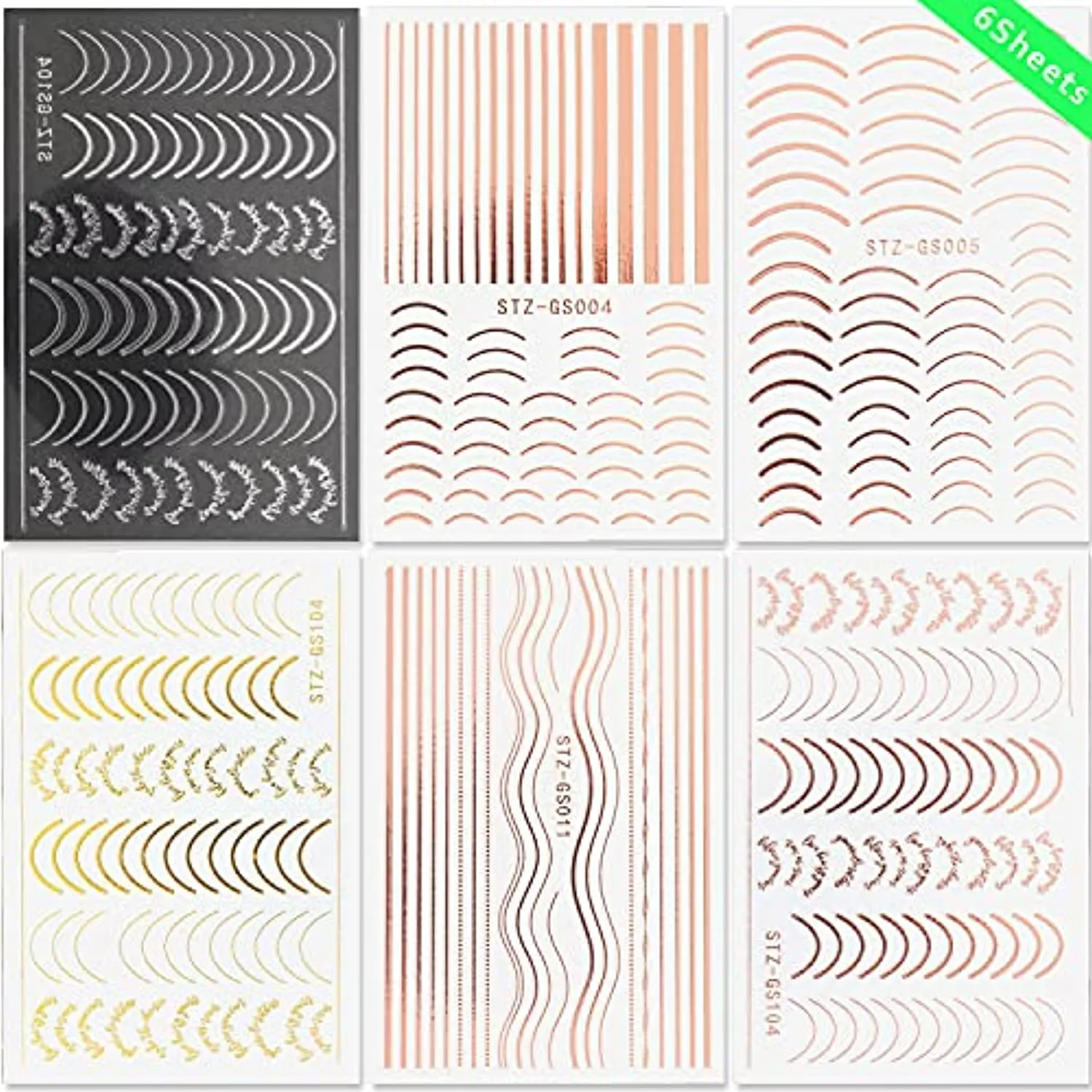 Line Nail Art Stickers Decals Metal Line Nail Supply Rose Gold 3D Self-Adhesive Nail Decals Metal Curve Stripe Lines Design Letter Nail Sticker Adhesive Decoration Foil Accessory (Stripes-6 Sheets)