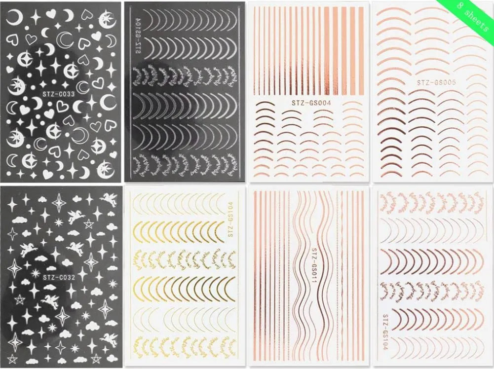 Line Nail Art Stickers Decals Metal Line Nail Supply Rose Gold 3D Self-Adhesive Nail Decals Metal Curve Stripe Lines Design Letter Nail Sticker Adhesive Decoration Foil Accessory (Stripes-6 Sheets)