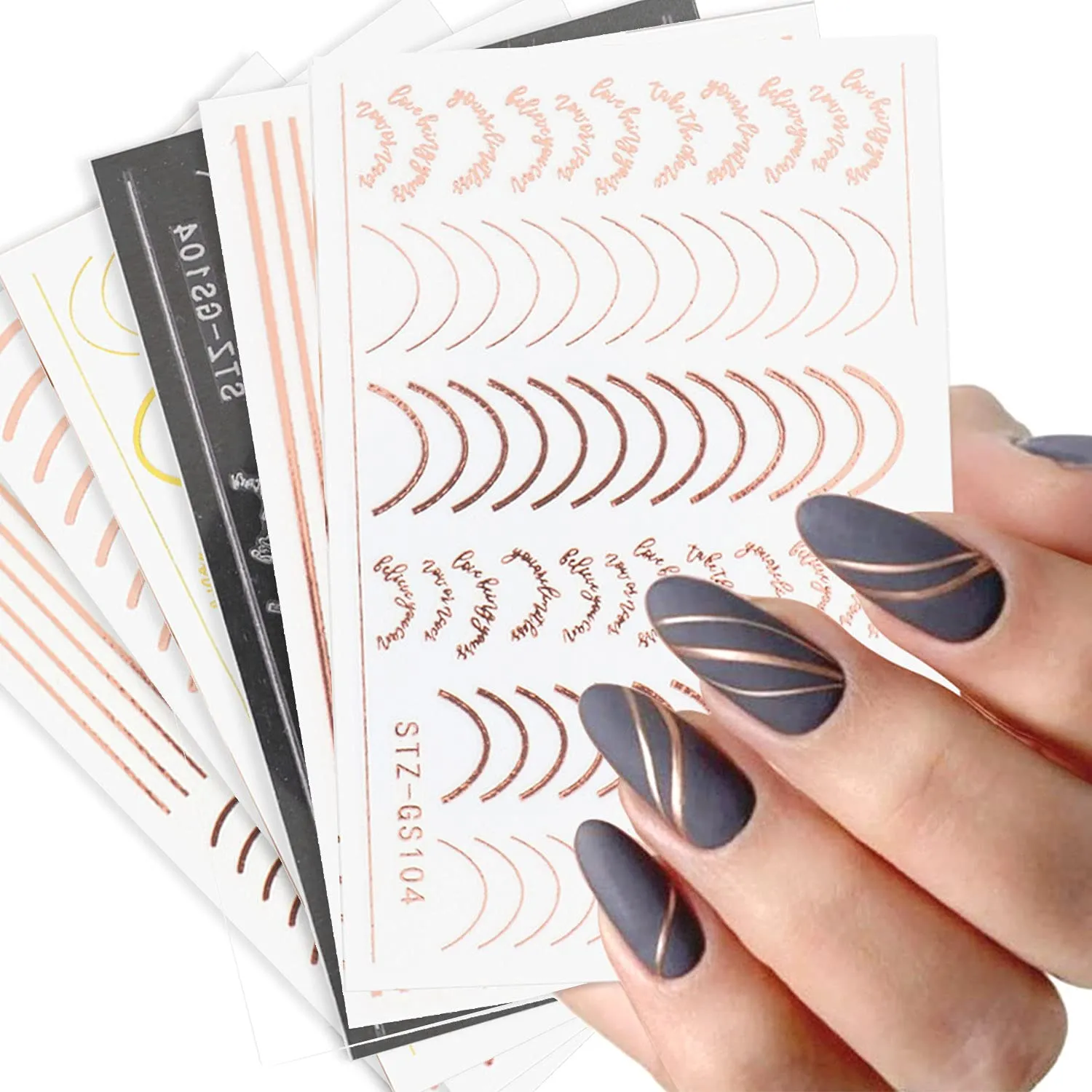 Line Nail Art Stickers Decals Metal Line Nail Supply Rose Gold 3D Self-Adhesive Nail Decals Metal Curve Stripe Lines Design Letter Nail Sticker Adhesive Decoration Foil Accessory (Stripes-6 Sheets)