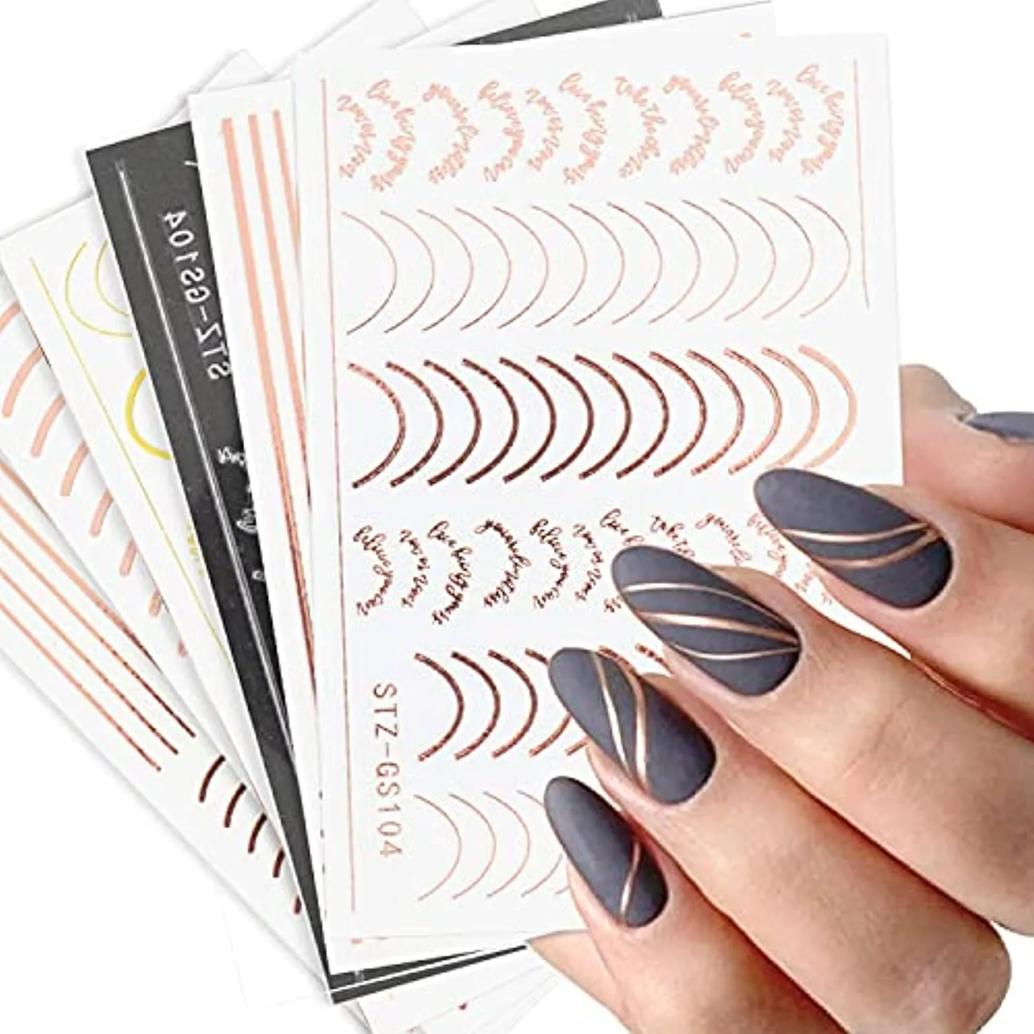 Line Nail Art Stickers Decals Metal Line Nail Supply Rose Gold 3D Self-Adhesive Nail Decals Metal Curve Stripe Lines Design Letter Nail Sticker Adhesive Decoration Foil Accessory (Stripes-6 Sheets)