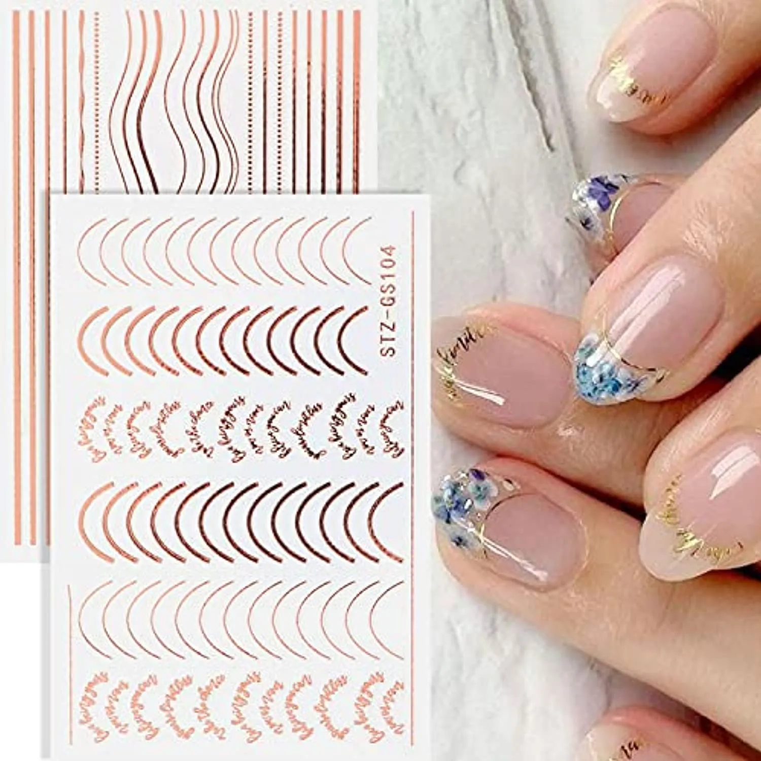 Line Nail Art Stickers Decals Metal Line Nail Supply Rose Gold 3D Self-Adhesive Nail Decals Metal Curve Stripe Lines Design Letter Nail Sticker Adhesive Decoration Foil Accessory (Stripes-6 Sheets)