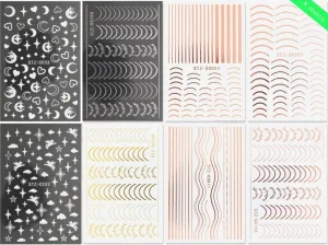 Line Nail Art Stickers Decals Metal Line Nail Supply Rose Gold 3D Self-Adhesive Nail Decals Metal Curve Stripe Lines Design Letter Nail Sticker Adhesive Decoration Foil Accessory (Stripes-6 Sheets)